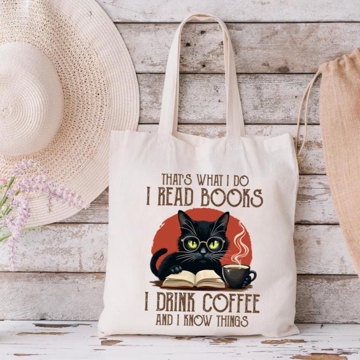 i Read Books And i Know Things Cat Reading Coffee Canvas Tote Bag
