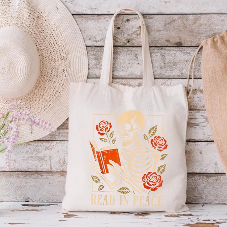 Read In Peace Skeleton Reading Book Halloween Teacher Canvas Tote Bag