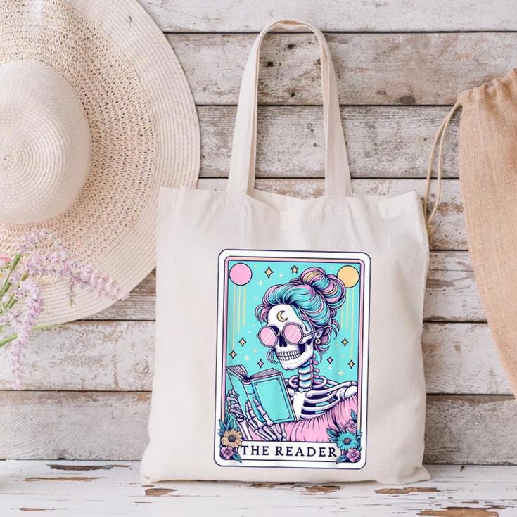 The Reader Retro Reading Skeleton Books Flowers Tarot Card Canvas Tote Bag The Reader Retro Reading Skeleton Books Flowers Tarot Card Canvas Tote Bag
