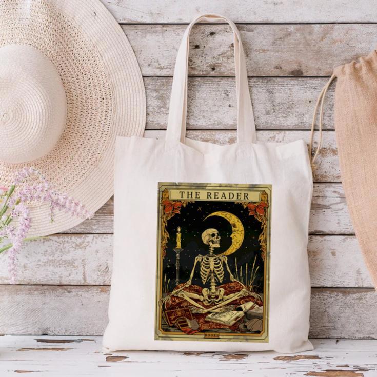 The Reader Tarot Card Book Lover Skeleton Art Goth Style Canvas Tote Bag