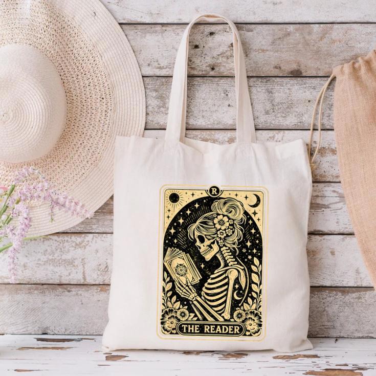 The Reader Tarot Card Book Lover Skeleton Reading Book Canvas Tote Bag