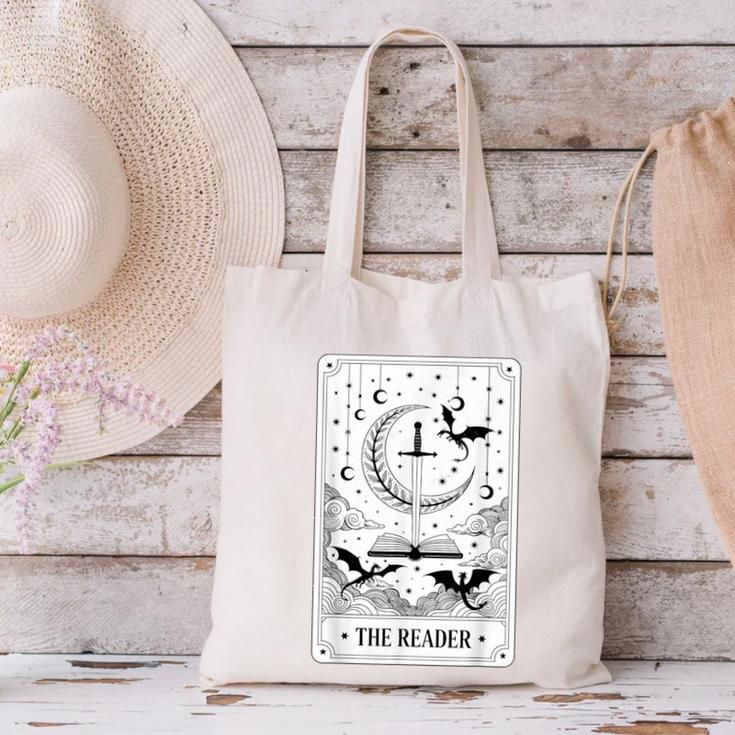The Reader Tarot Card Bookworm Books Lover Dragon Librarians Canvas Tote Bag