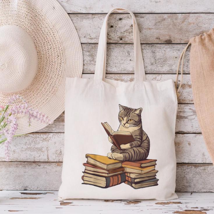 Reading Cat Book Lover Canvas Tote Bag