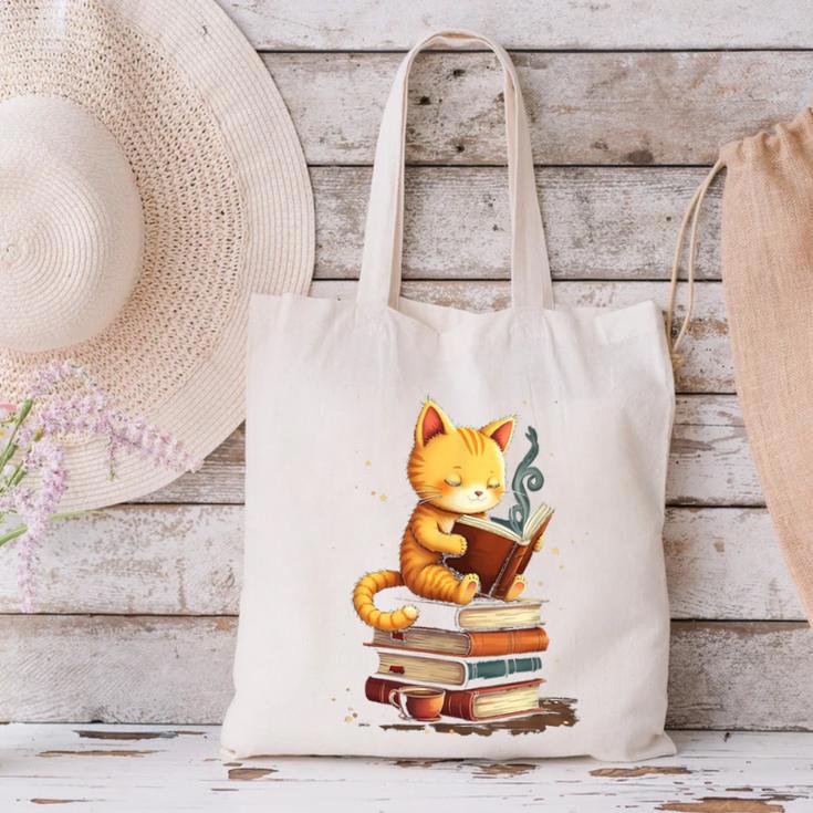 Reading Cat Books Cute Canvas Tote Bag
