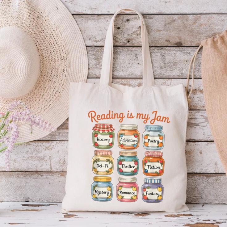 Reading Is My Jam Cute Jelly Jars Book Genres Canvas Tote Bag
