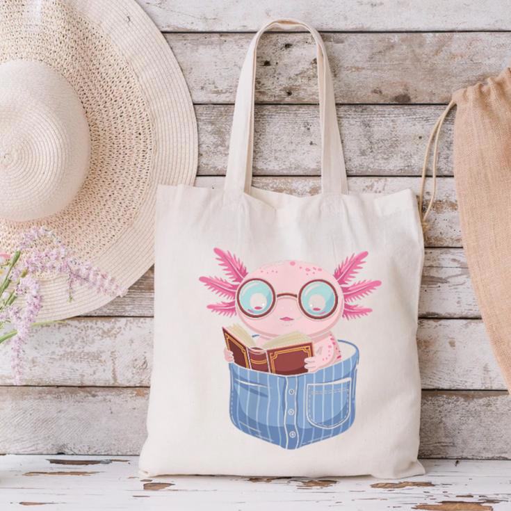 Readsalotl Axolotl Reading Book Lover Reading Pocket Axolotl Canvas Tote Bag Readsalotl Axolotl Reading Book Lover Reading Pocket Axolotl Canvas Tote Bag
