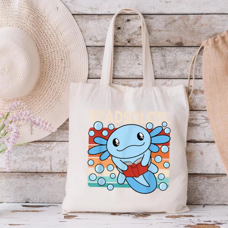 Readsolotl Blue Kawaii Axolotl Book Lover Reading Retro Canvas Tote Bag