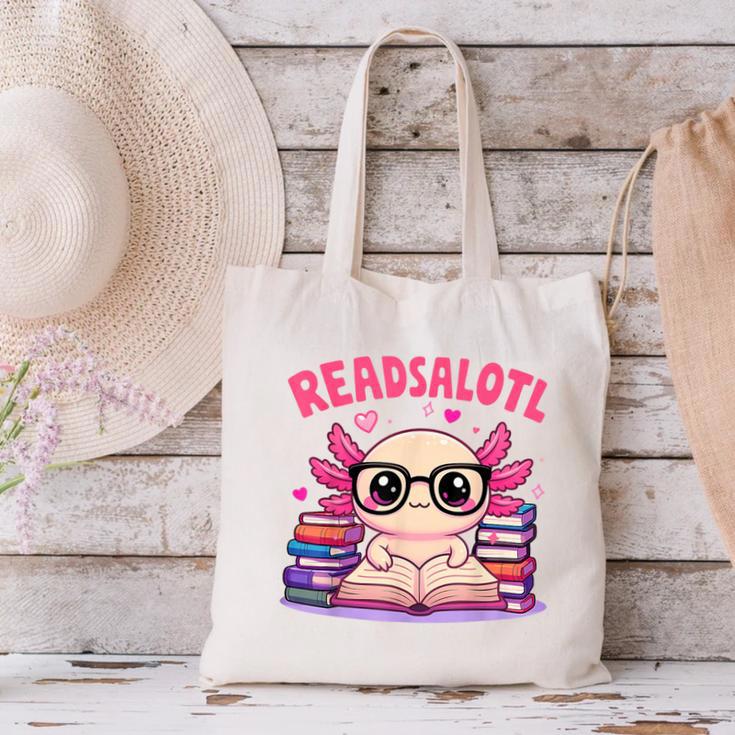 Readsolotl Pink Kawaii Axolotl Book Lover Reading Canvas Tote Bag