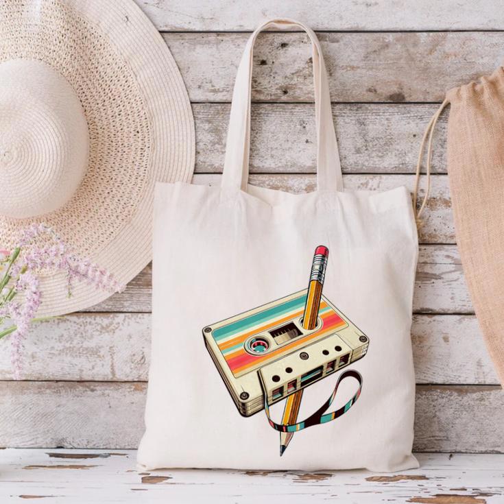 Retro Cassette Tape & Pencil Rewind Nostalgia Party 80s 90s Premium Canvas Tote Bag