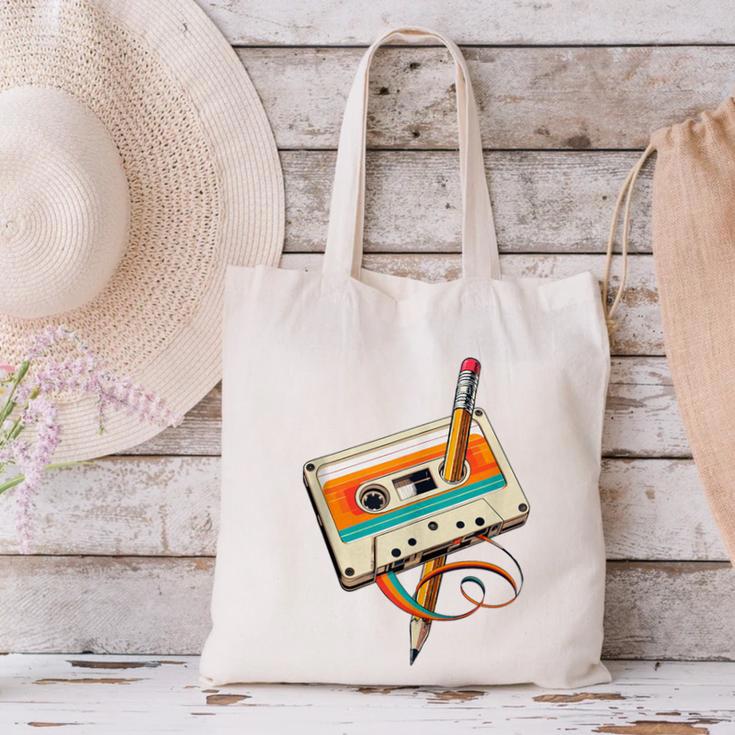 Retro Cassette Tape & Pencil Rewind Nostalgia Party 80s 90s Canvas Tote Bag