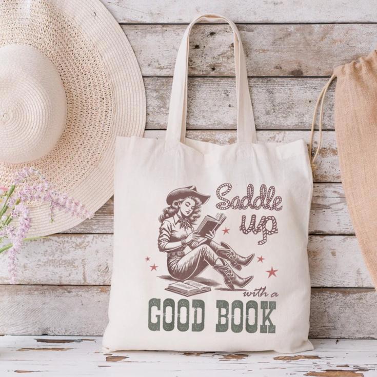 Retro Cowgirl ReadingTee Saddle Up With A Good Book Western Canvas Tote Bag