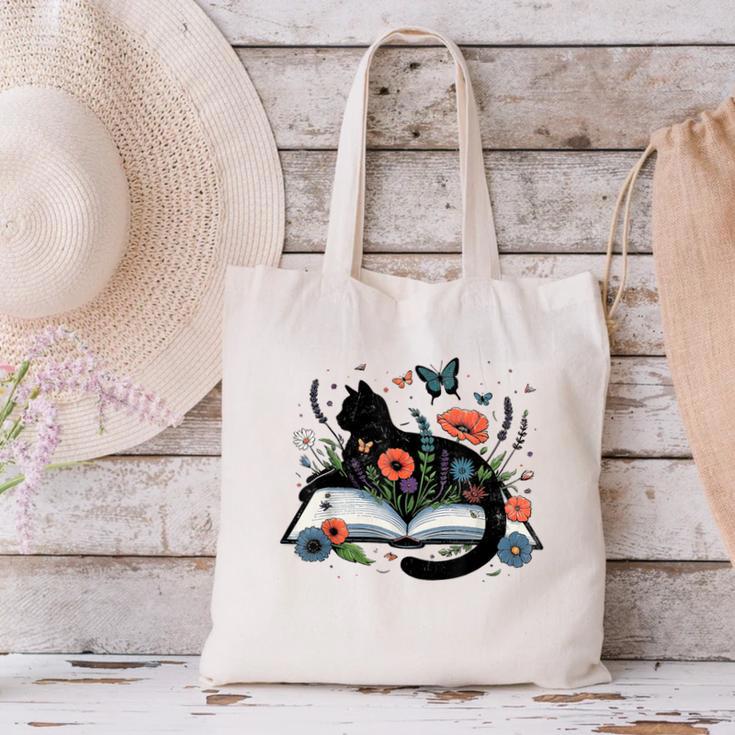 Retro Cute Cat Floral Book Librarian Vintage Floral Cat Book Canvas Tote Bag