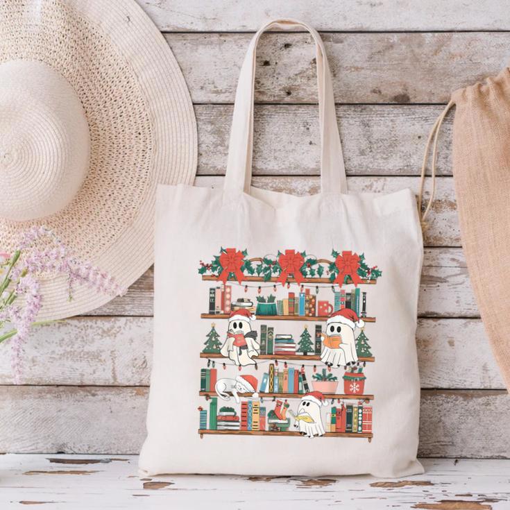 Retro Ghost Reading Book Teacher Librarian Bookish Christmas Canvas Tote Bag Retro Ghost Reading Book Teacher Librarian Bookish Christmas Canvas Tote Bag