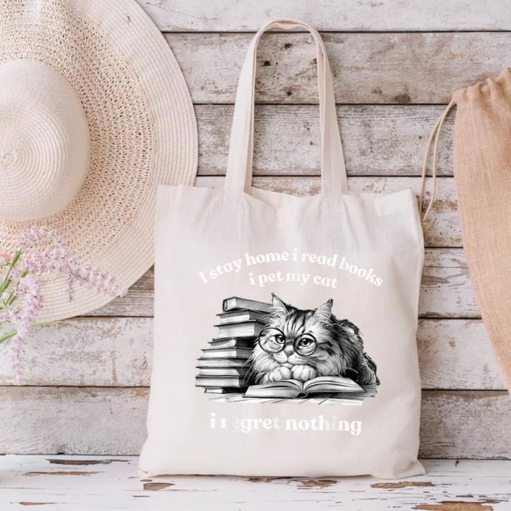 Retro I Stay Home I Read Books I Pet My Cat I Regret Nothing Canvas Tote Bag Retro I Stay Home I Read Books I Pet My Cat I Regret Nothing Canvas Tote Bag