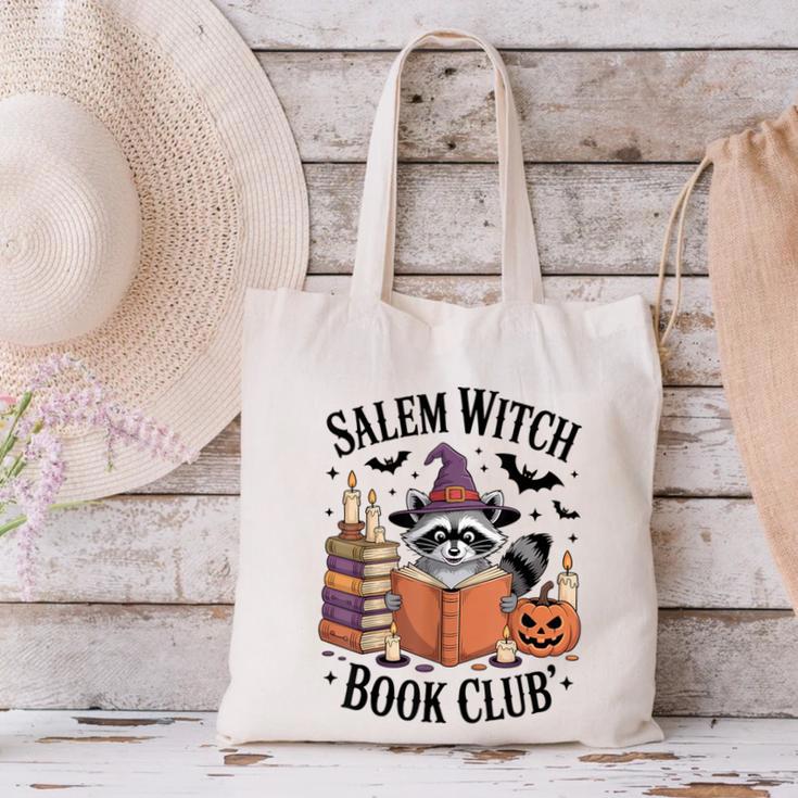 Salem WItch Book Club Halloween Raccoon Witch Reading Book Canvas Tote Bag