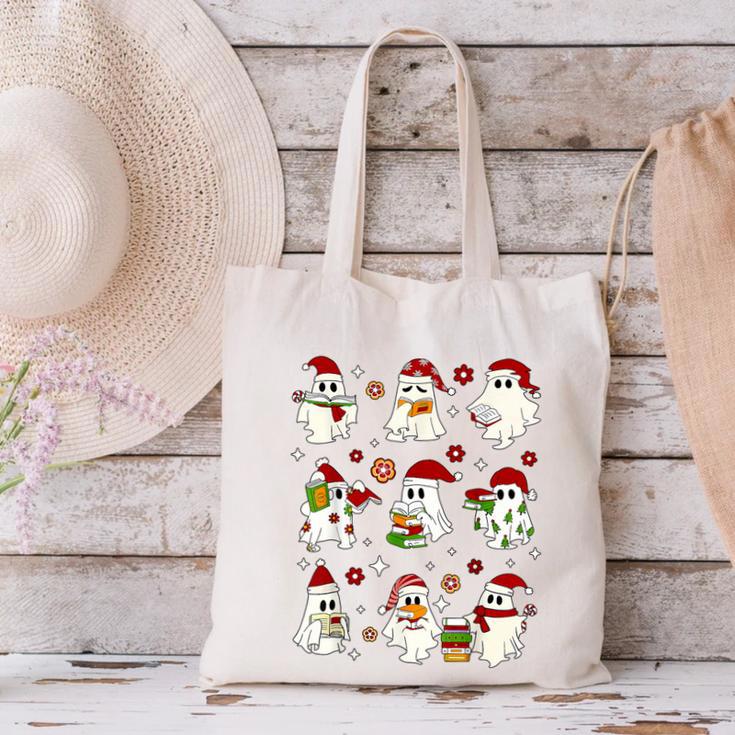 Santa Ghost Reading Books Christmas Library Teacher Canvas Tote Bag Santa Ghost Reading Books Christmas Library Teacher Canvas Tote Bag
