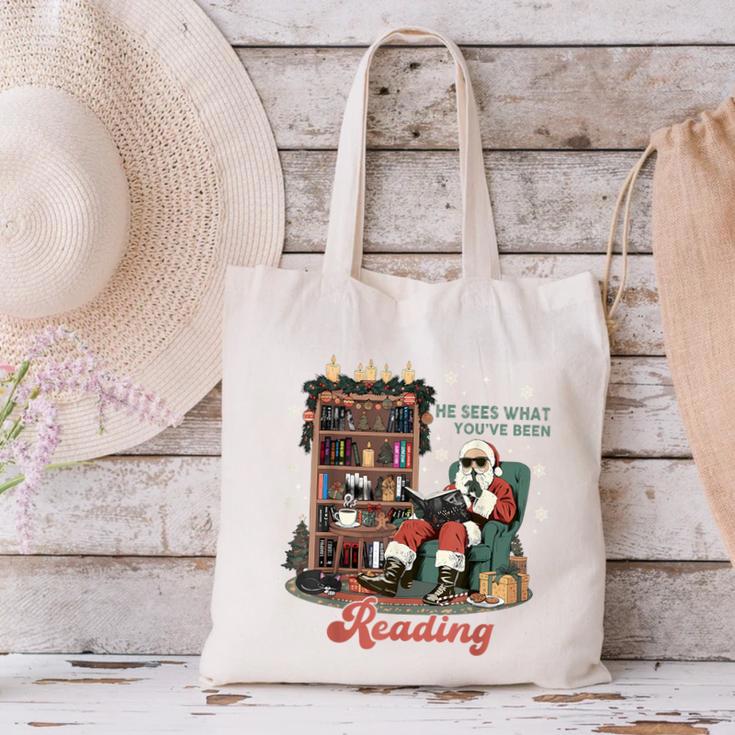 He Sees What You'Ve Been Reading Santa Christmas Bookish Canvas Tote Bag