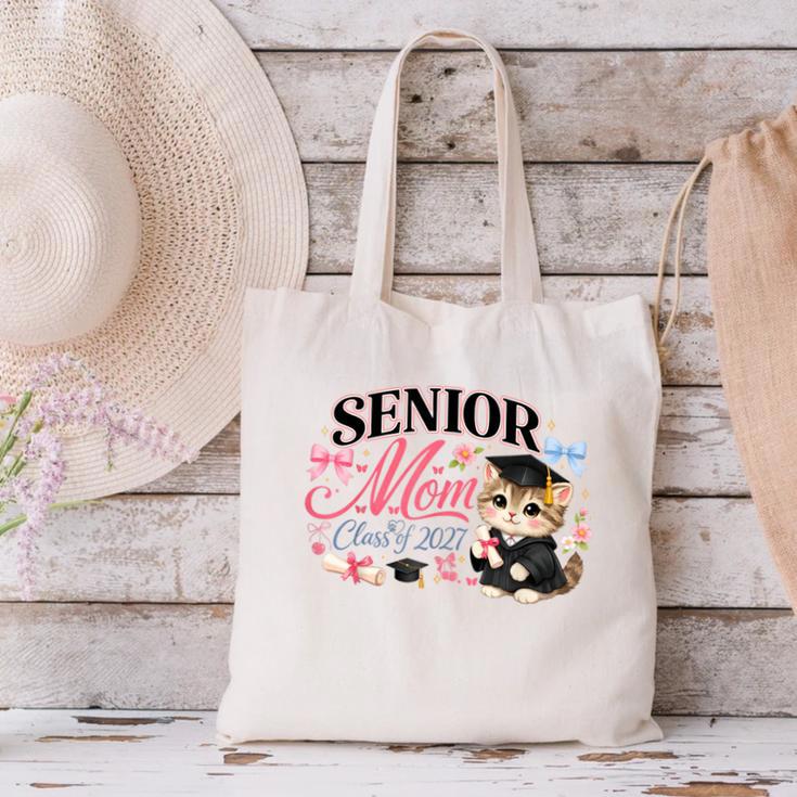 Senior Mom Class Of 2027 Cute Cat Graduation Pink Bows Girls Canvas Tote Bag