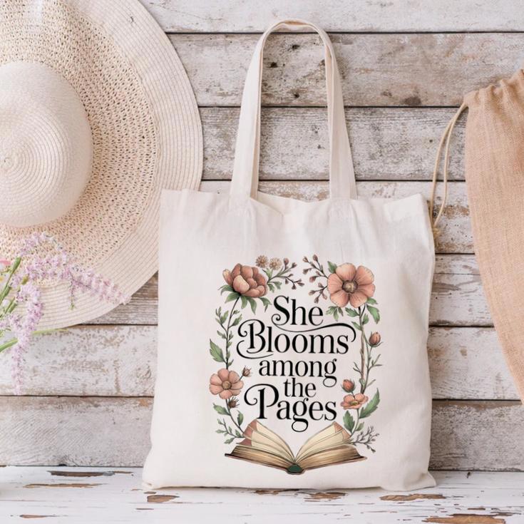 She Blooms Among The Pages Women Mom Wife Floral Book Lover Canvas Tote Bag