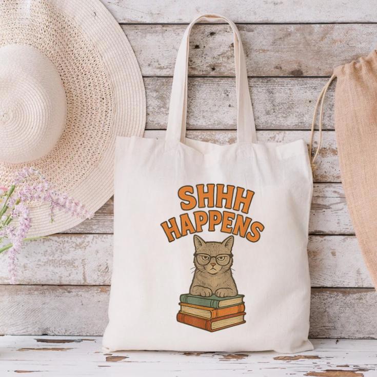 SHHH Happens Librarian Cat Books Library Canvas Tote Bag