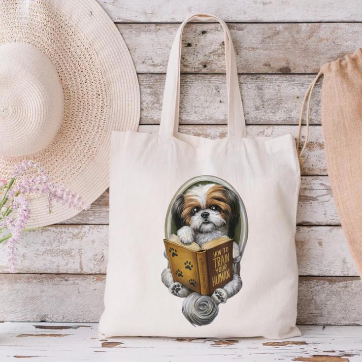 Shih Tzu Book How To Train Your Human Funny Dog Motif Canvas Tote Bag