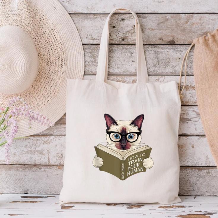Siamese Cat Reading Book How To Train Your Human Humorous Canvas Tote Bag