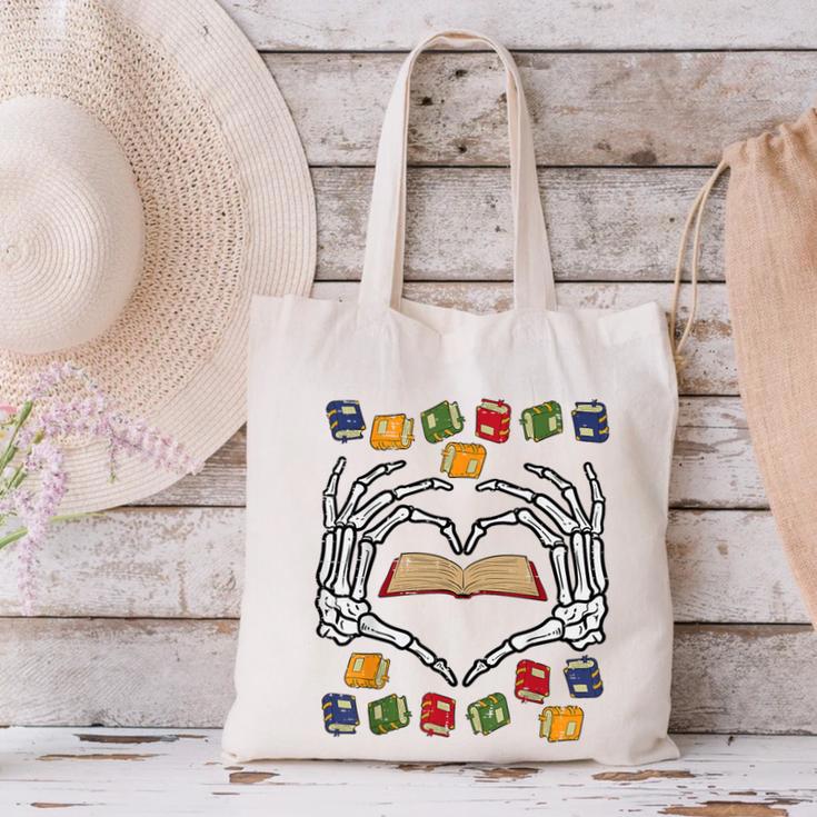 Skeleton Heart Read Reading Book Librarian Halloween Women Canvas Tote Bag