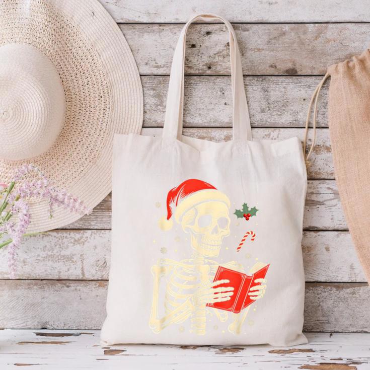 Skeleton Reading Book Christmas Teacher Librarian Book Lover Canvas Tote Bag