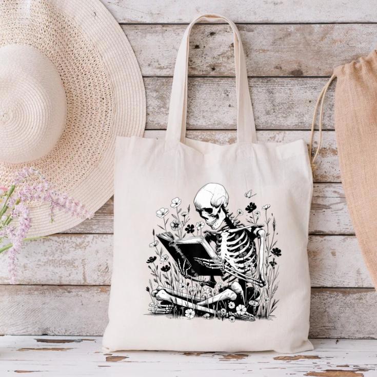 Skeleton Skull Halloween Book Reading Books Lover Teacher Canvas Tote Bag Skeleton Skull Halloween Book Reading Books Lover Teacher Canvas Tote Bag