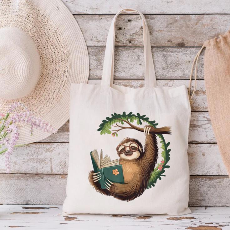 Sloth Reading a Book Lazy Sloth Bookworm Canvas Tote Bag