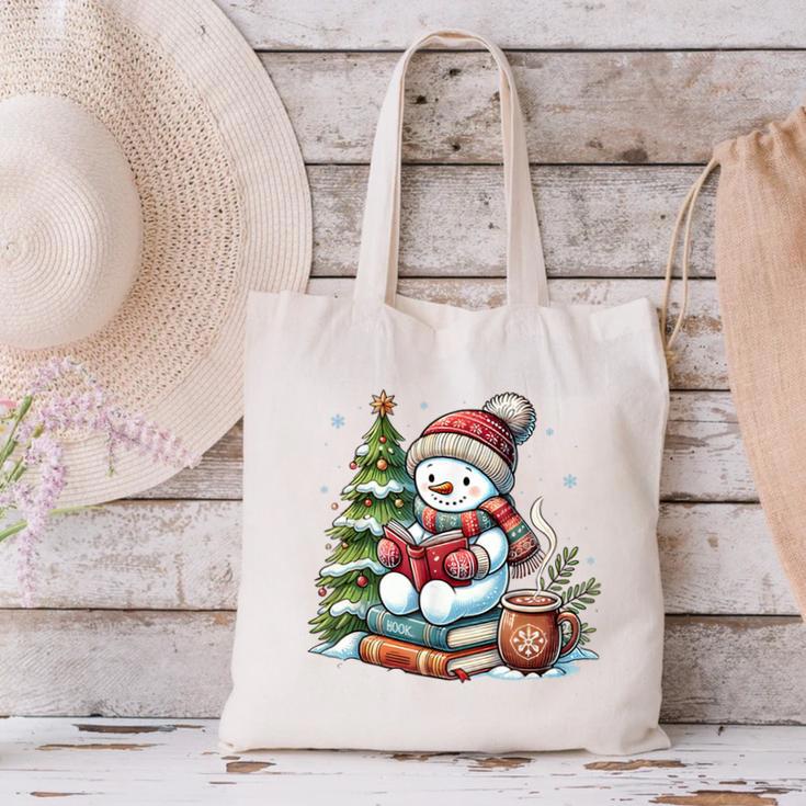 Snowman Reading Book Lovers Christmas Librarian Bookworm Canvas Tote Bag