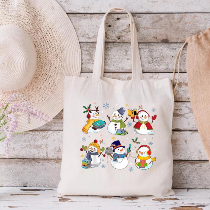 Snowman Reading Books Teacher Christmas Librarian Bookworm Canvas Tote Bag