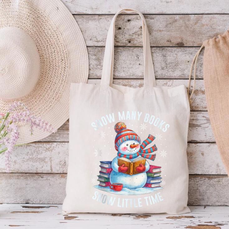Snowman Reading Snow Many Books Snow Little Time Winter Canvas Tote Bag