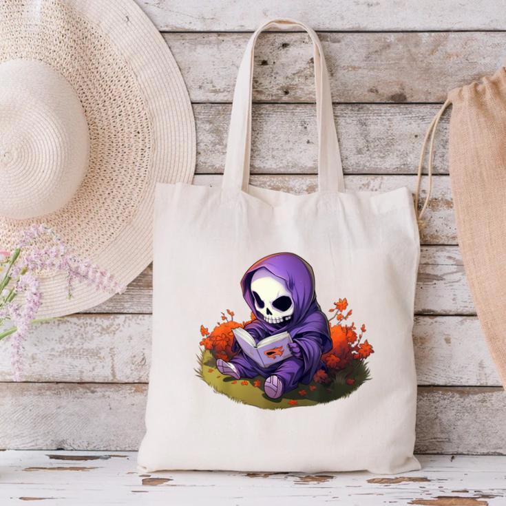 Spooky Grim Reaper Reading A Book Cute Creepy Halloween Canvas Tote Bag