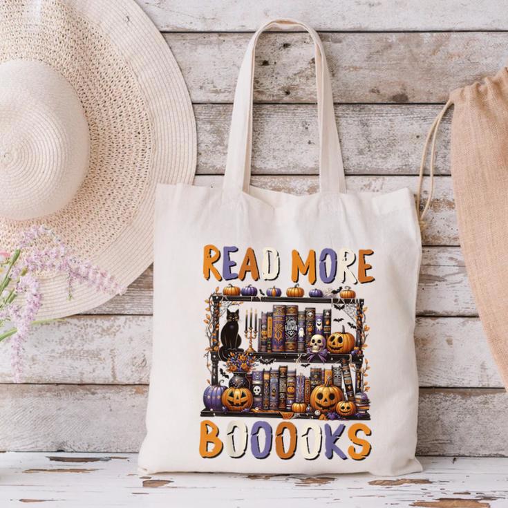 Spooky Halloween Bookshelf Bookcase Read More Books Canvas Tote Bag