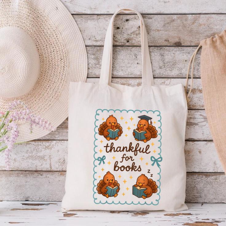 Thankful For Books Turkey Reading Book Lovers Fall Teacher Canvas Tote Bag
