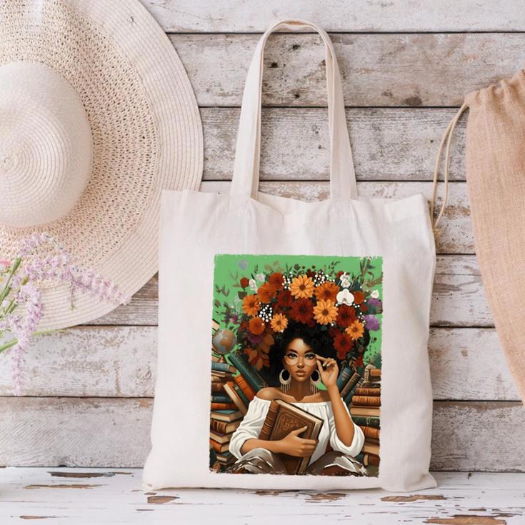 History Month Black Afro Girl Women Book Lovers Floral Canvas Tote Bag