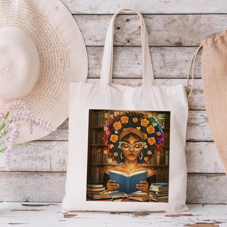 History Month Black Afro Girl Women Book Lovers Flower Canvas Tote Bag