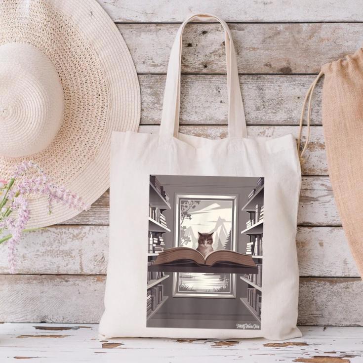 Totally Weird Tees Cat Library Book Reading Literary Canvas Tote Bag