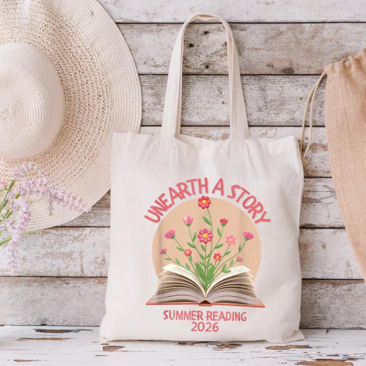 Unearth a Story 2026 Summer Reading Program Flowers Book Canvas Tote Bag