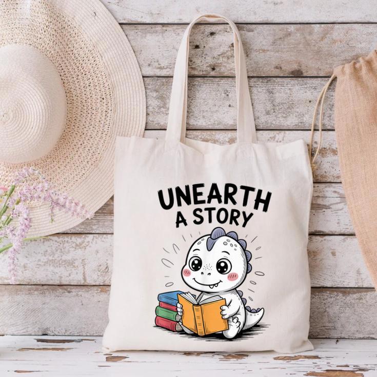 Unearth a Story Cute Dinosaur Summer Reading 2026 Dino Book Canvas Tote Bag