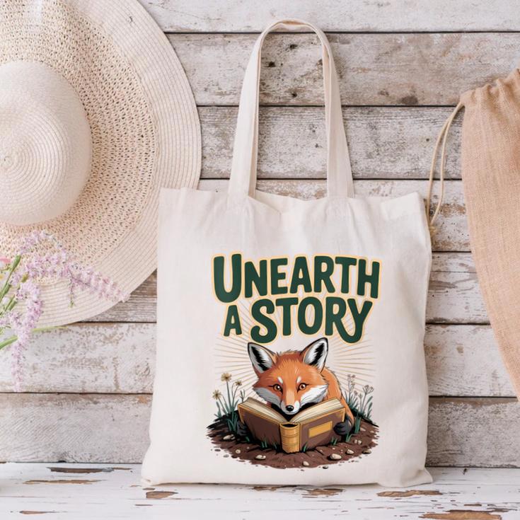 Unearth A Story Fox Reads a Book Canvas Tote Bag