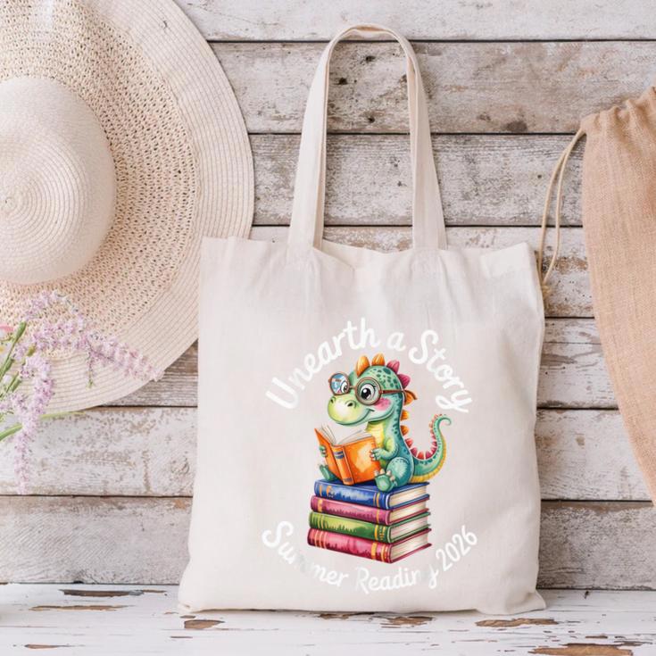 Unearth a Story Summer Reading 2026 Book Lover Dino Fun Canvas Tote Bag