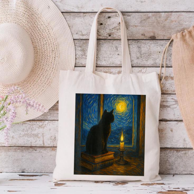 Van Gogh Starry Night Art Cat And Book Lovers Canvas Tote Bag Van Gogh Starry Night Art Cat And Book Lovers Canvas Tote Bag