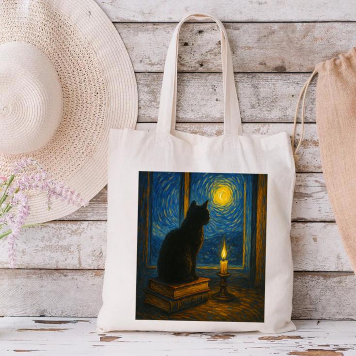 Van Gogh Starry Night Art Cat And Book Lovers Premium Tri-Blend Canvas Tote Bag