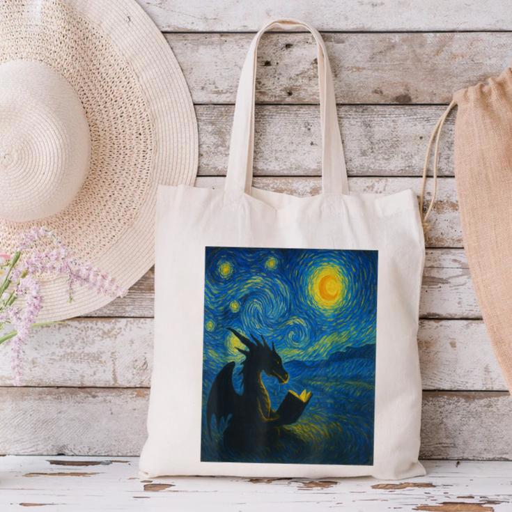 Van Gogh Starry Night Fantasy Reader Dragon Reading Book Canvas Tote Bag