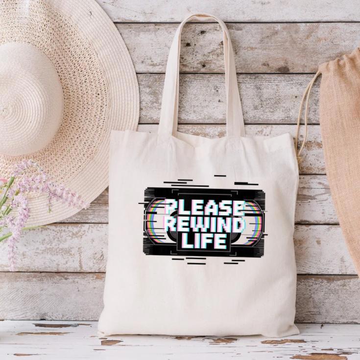 VHS Tape Rewind Glitch 90s Retro Nostalgia Please Rewind Canvas Tote Bag
