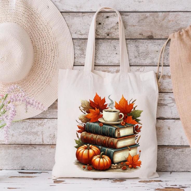 Vintage Autumn Books Coffee Pumpkin Fall Reading Canvas Tote Bag