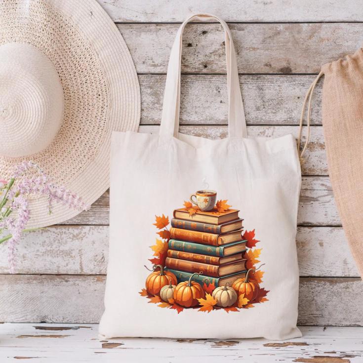 Vintage Autumn Books Pumpkin Coffee Book Lover Reading Canvas Tote Bag