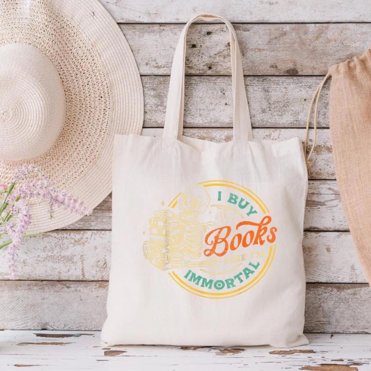 Vintage I Buy Books Like I'm Immortal Skeleton Reading Book Canvas Tote Bag